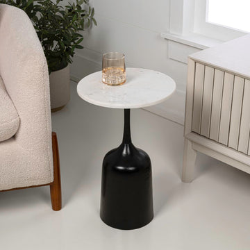 Pip 20.25" Classic Designer Metal Drink Table and Decorative End Table with White Marble Round Top and Bell Pedestal Base